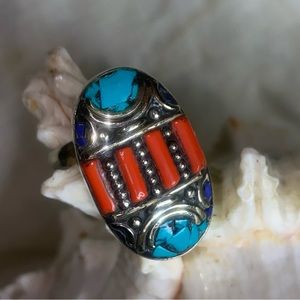 Tibetan Turquoise + Red Coral Handcrafted ring